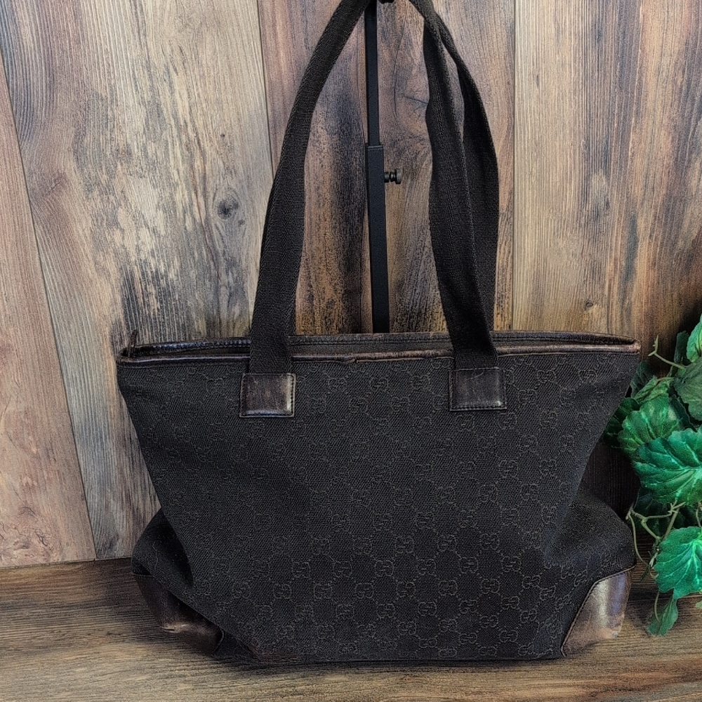 Gucci GG Canvas Monogram Shoulder Distressed Leather Trim Tote Bag 34339